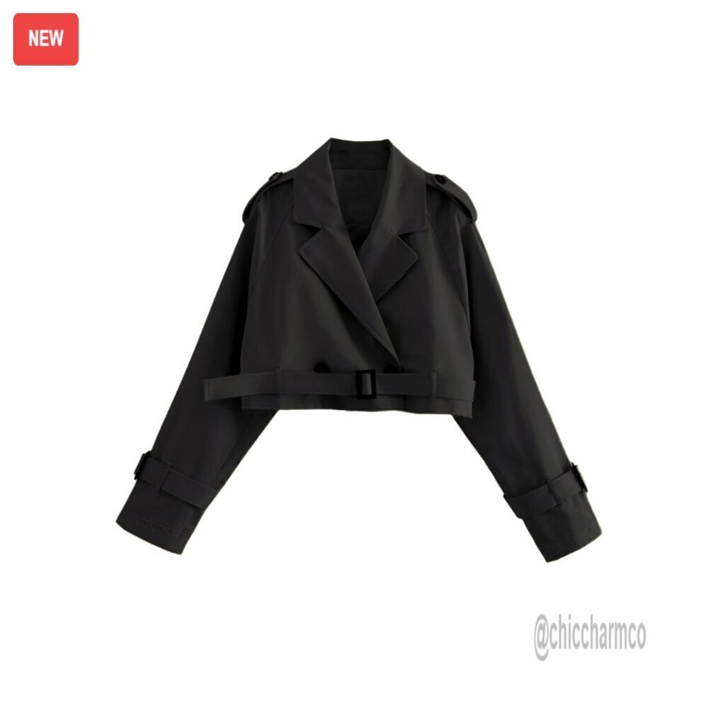 Cropped Trench Coat with Belt, Double Breasted Casual Jacket